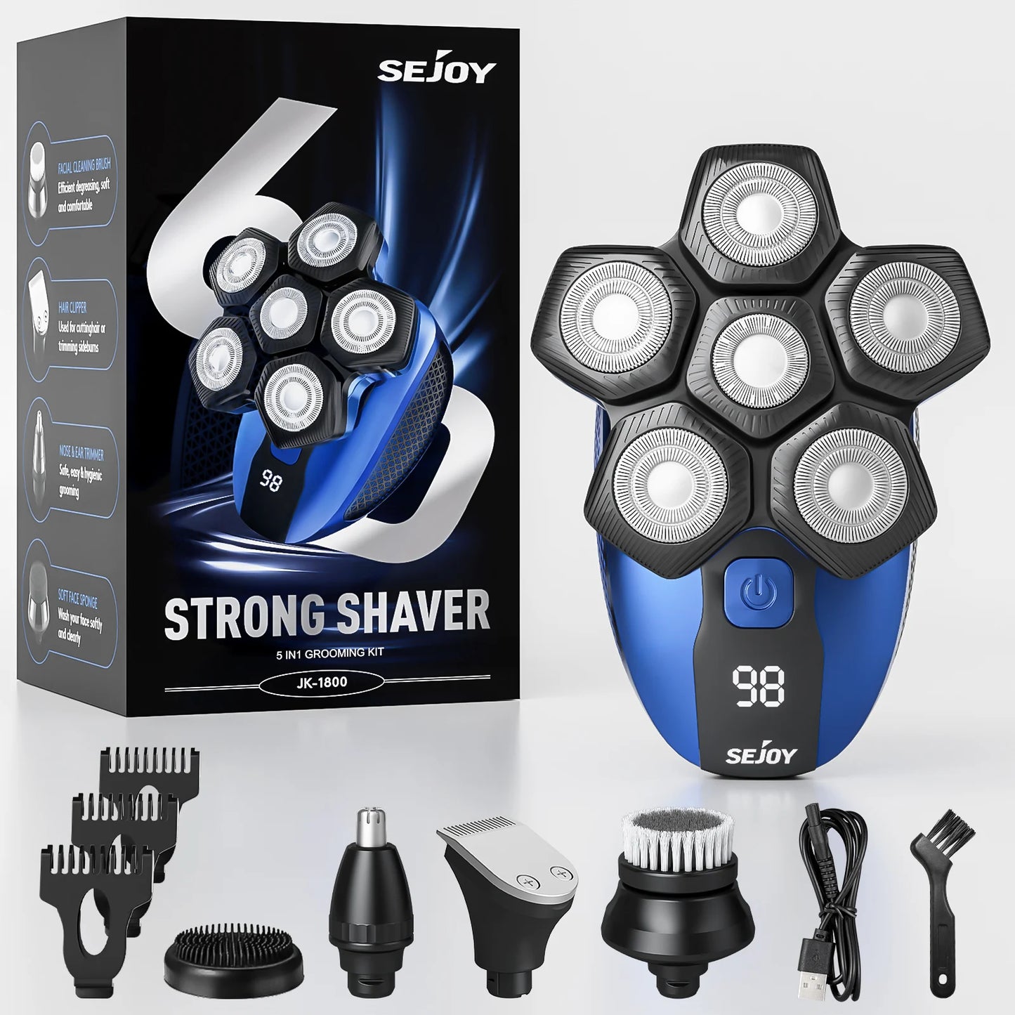 Sejoy JK-1800 Multifunctional Head Shavers for Bald Men 6 Floating Blade Rechargeable Nose Hair Trimmer Grooming Kit