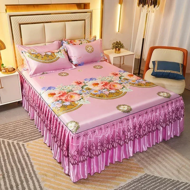 3Pcs Summer Bed Skirt Style Bedspread Lace European Style Three Piece Set Skirt Style Bed Cover Mattress Dust Protection Cover