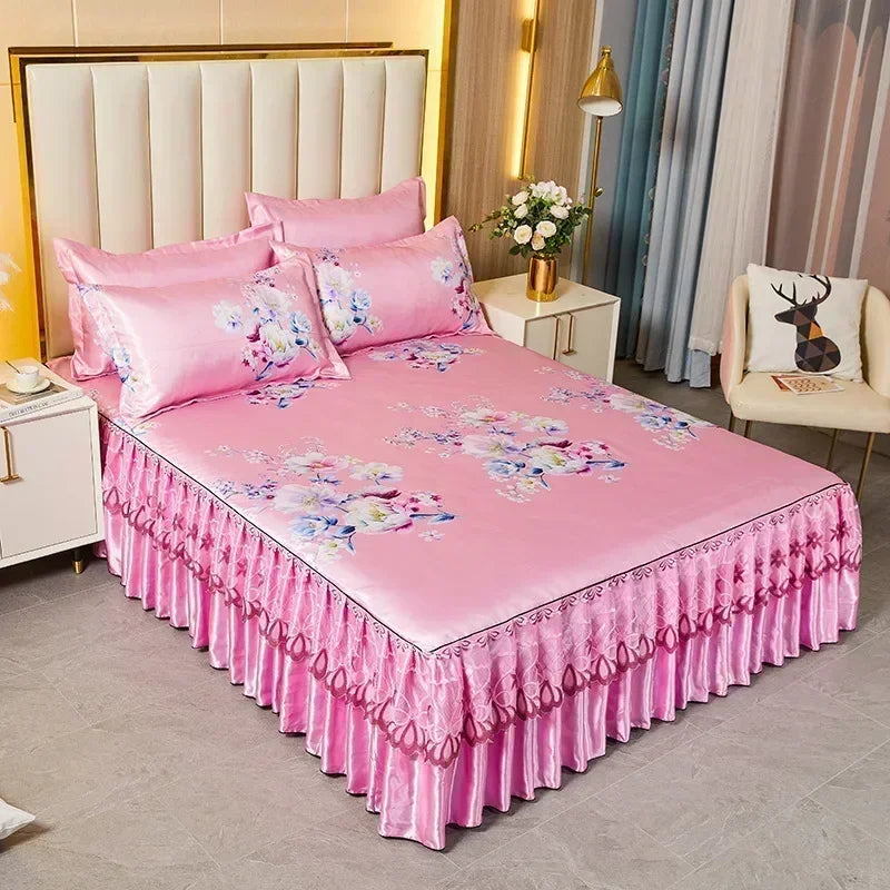 3Pcs Summer Bed Skirt Style Bedspread Lace European Style Three Piece Set Skirt Style Bed Cover Mattress Dust Protection Cover