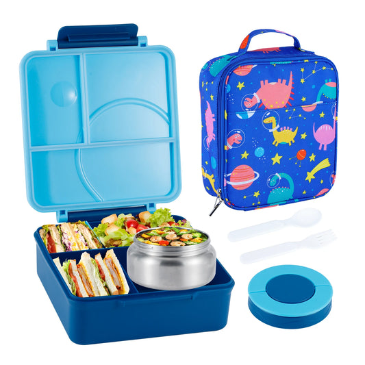 Bento Lunch Box Set for Kids with 8oz Soup Thermo, Leak-Proof Lunch Containers with 4 Compartment, Kids Thermo Hot Food Jar and