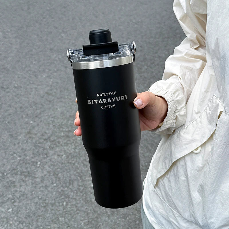 1pc Magnetic Suction Lid Double-layer Vacuum Insulated Water Bottle 600ml/900ml Wide Handle Portable  Outdoorulation Drinkware