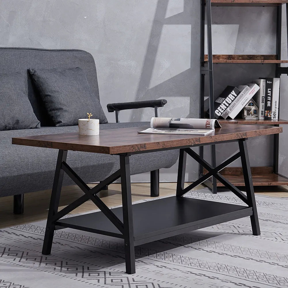 【Breeins】2 Tier Industrial Style Coffee Table with Storage Shelf Rustic Wood with Metal Legs