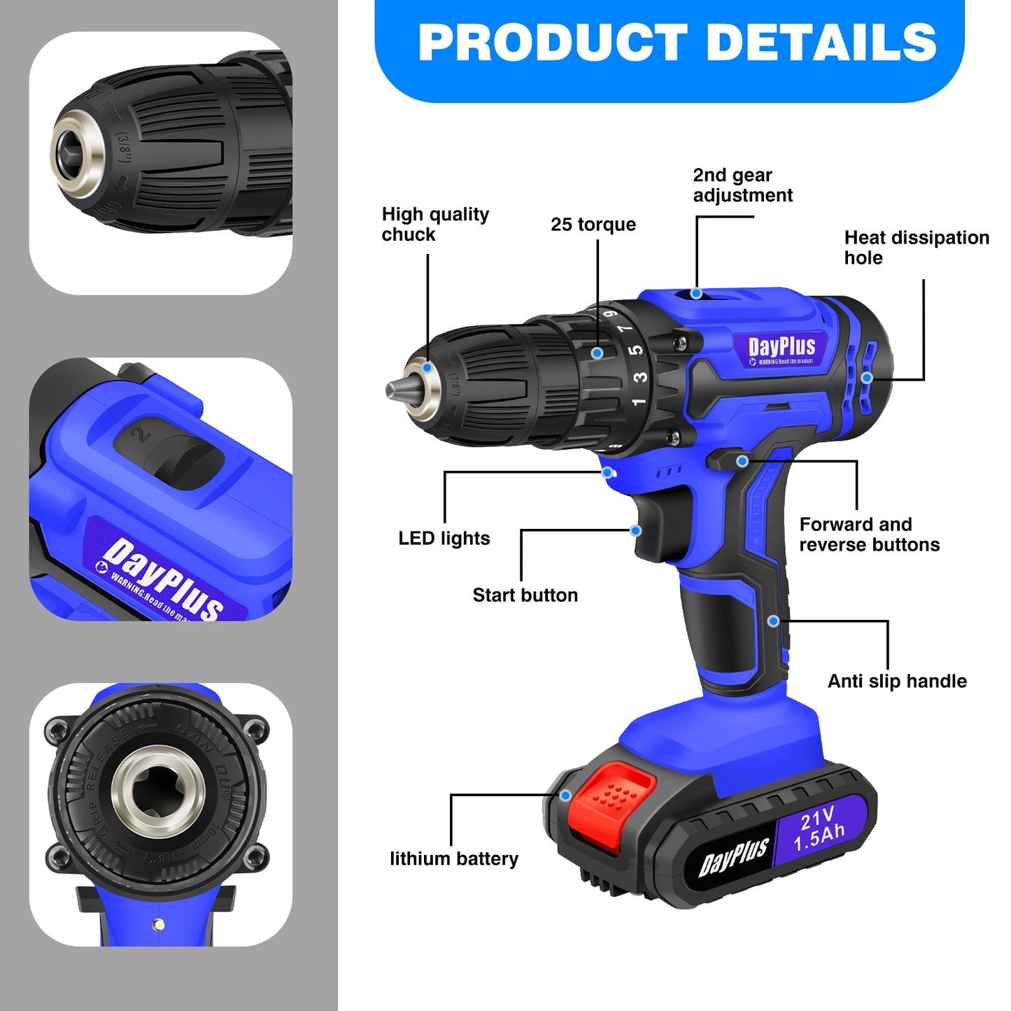 Cordless Drill Kit Electric Screwdriver Kit, 45Nm Cordless Combination Drill, LED Work Light, Home and Garden DIY Project Kit