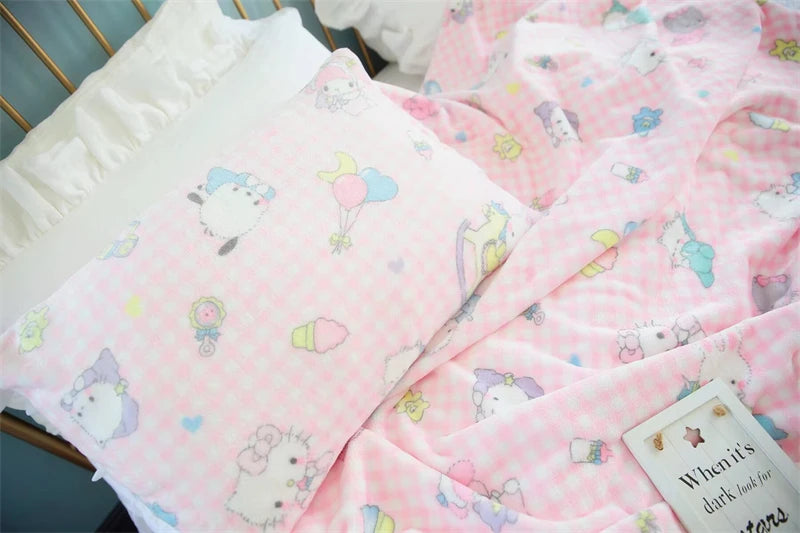 Cute Pink Cat Blanket Warm Flannel Blanket Pillowcase Japanese Style Pattern Printing Blanket Bedspread Bedroom Girl