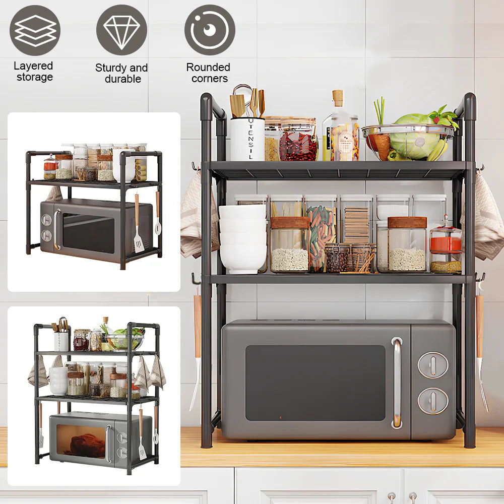 Sturdy Multi-Tier Kitchen Storage Rack with Handles, Durable Organizer with Side Hooks, Metal Frame Rack, Modern Kitchen Rack