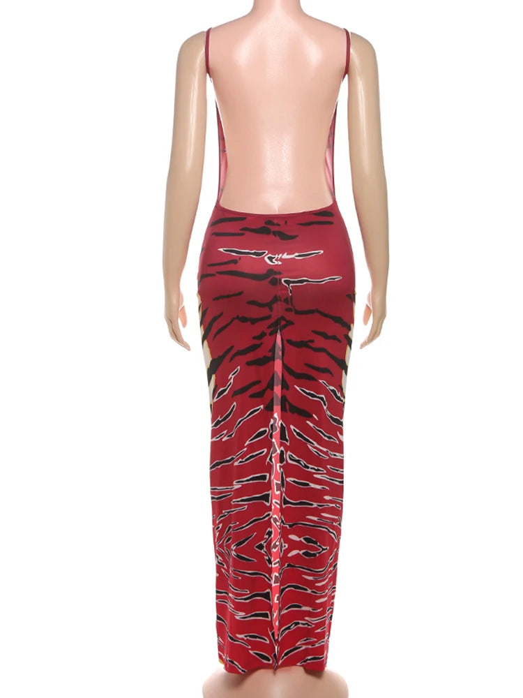 Weird Puss Backless Maxi Dress Women Sleeveless Leopard Print Sexy Skinny Clubwear Stretch Tight Beach Vacation Slim Vestidos