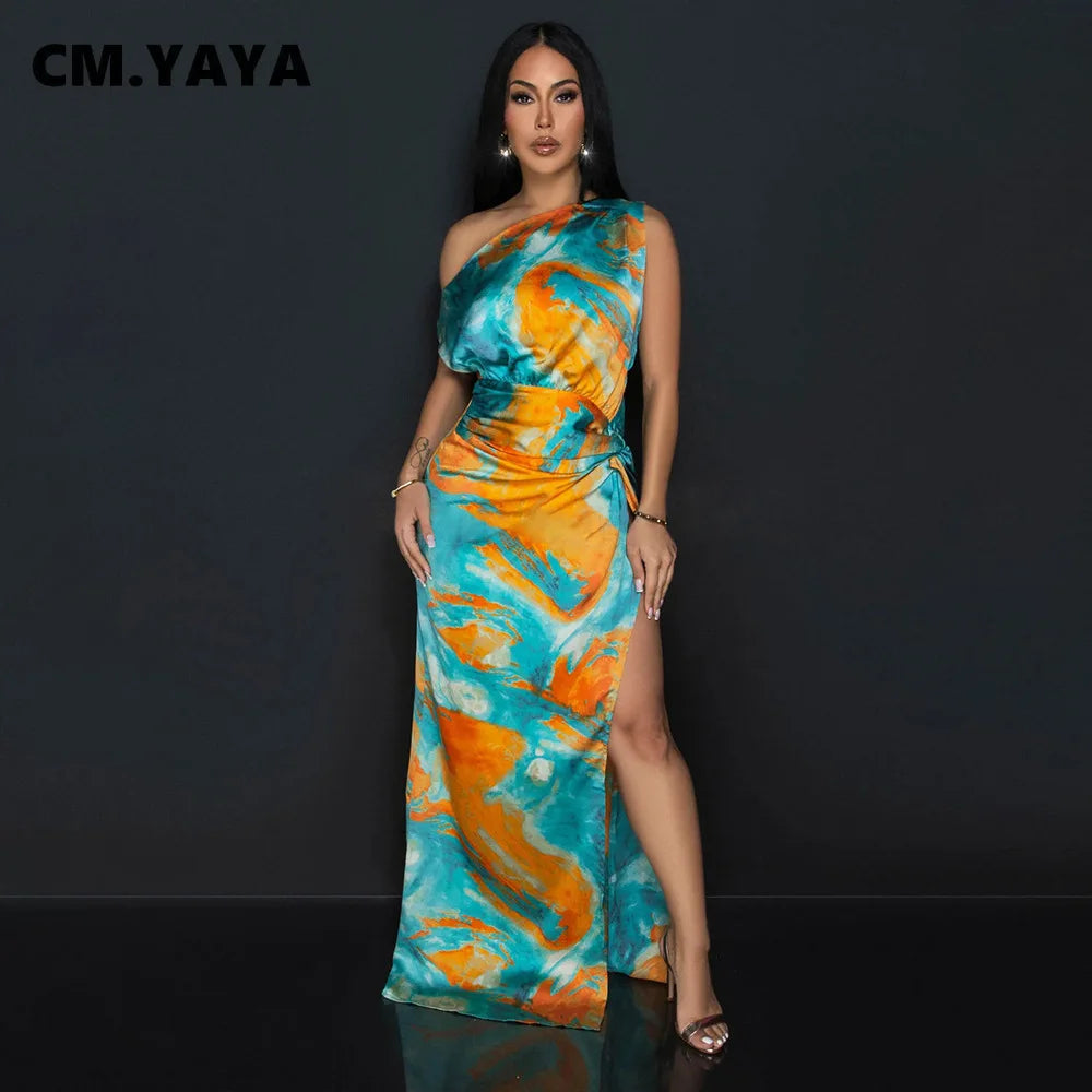 CM.YAYA Women Skew Collar Tie-dye Print Long Dress Summer Streetwear Beach Evening Sexy Night Party Split Maxi Dresses Vestidos