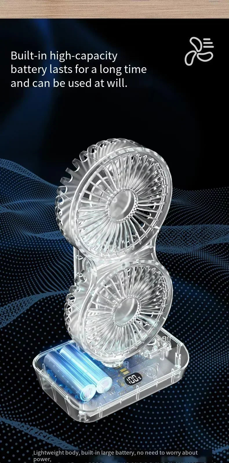 Double Head Desktop Fan: 4-Speed Fast Cooling, 8000mAh Battery Digital Display Adjustable Directions Shaking Function for Househ
