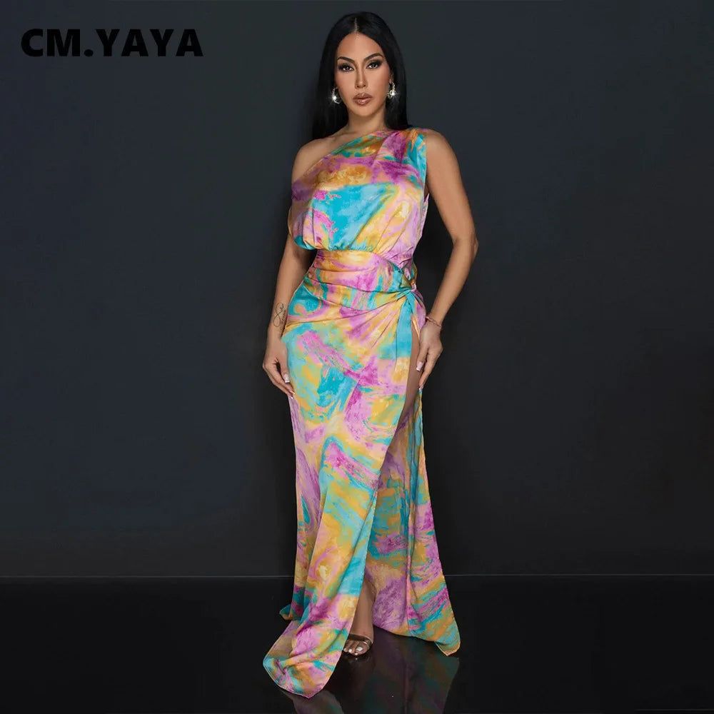 CM.YAYA Women Skew Collar Tie-dye Print Long Dress Summer Streetwear Beach Evening Sexy Night Party Split Maxi Dresses Vestidos