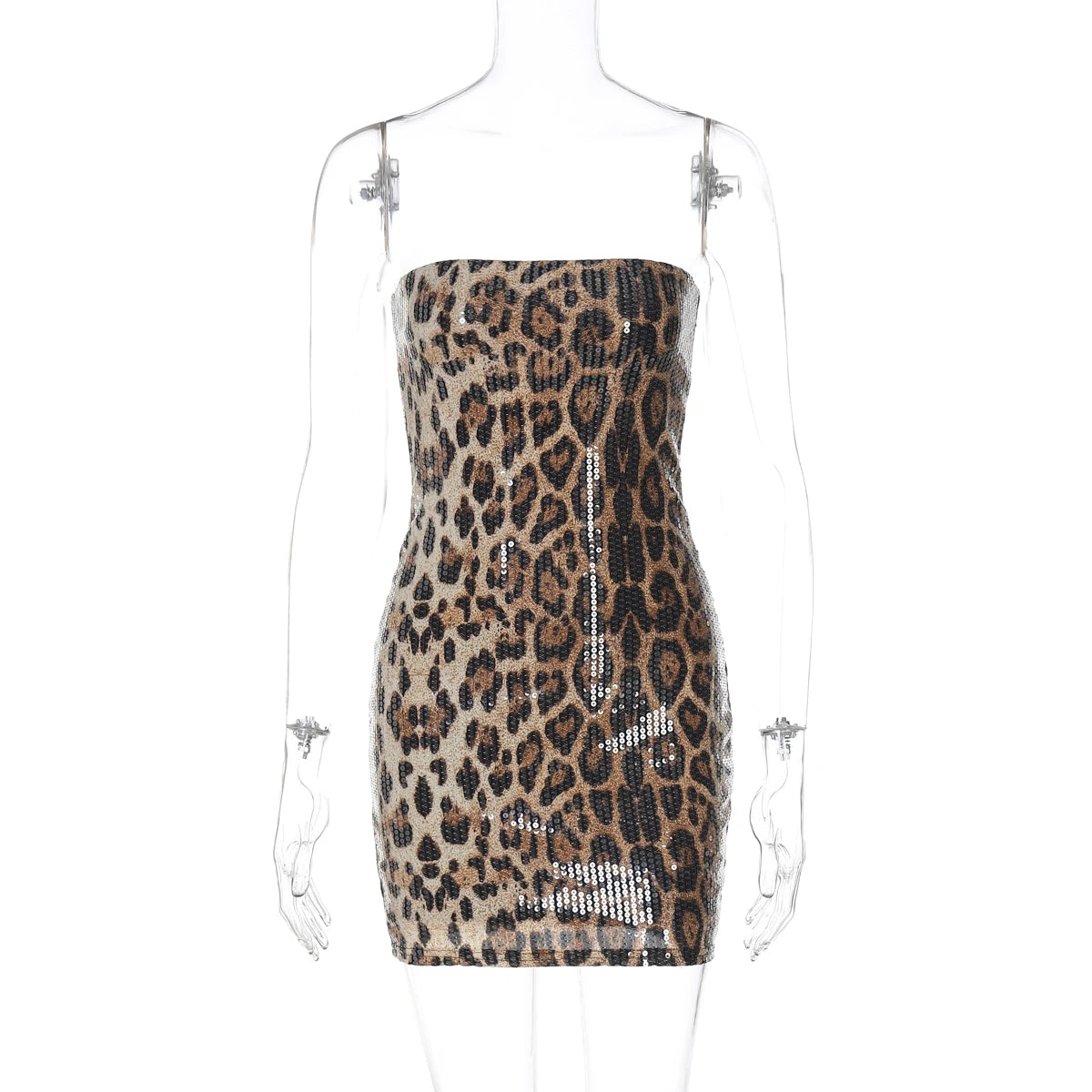 Hugcitar Leopard Print Sequined Strapless Backless Sexy Bodycon Mini Dress 2024 Autumn Women Fashion Y2K Clothes Party Nightclub