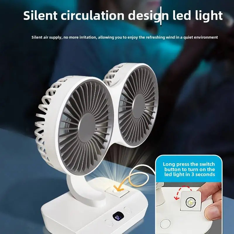 Double Head Desktop Fan: 4-Speed Fast Cooling, 8000mAh Battery Digital Display Adjustable Directions Shaking Function for Househ