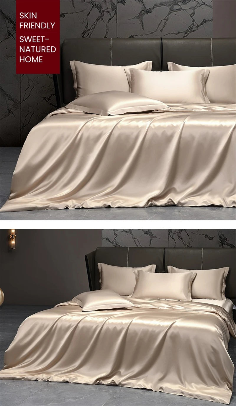 Solid 4pcs Silk Bedding Set with Duvet Cover Fitted/Flat Bed Sheet Pillowcase Bedspreads and Coverlets  Single Double Bedsheet