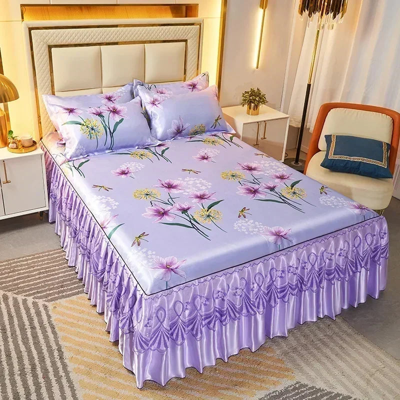 3Pcs Summer Bed Skirt Style Bedspread Lace European Style Three Piece Set Skirt Style Bed Cover Mattress Dust Protection Cover