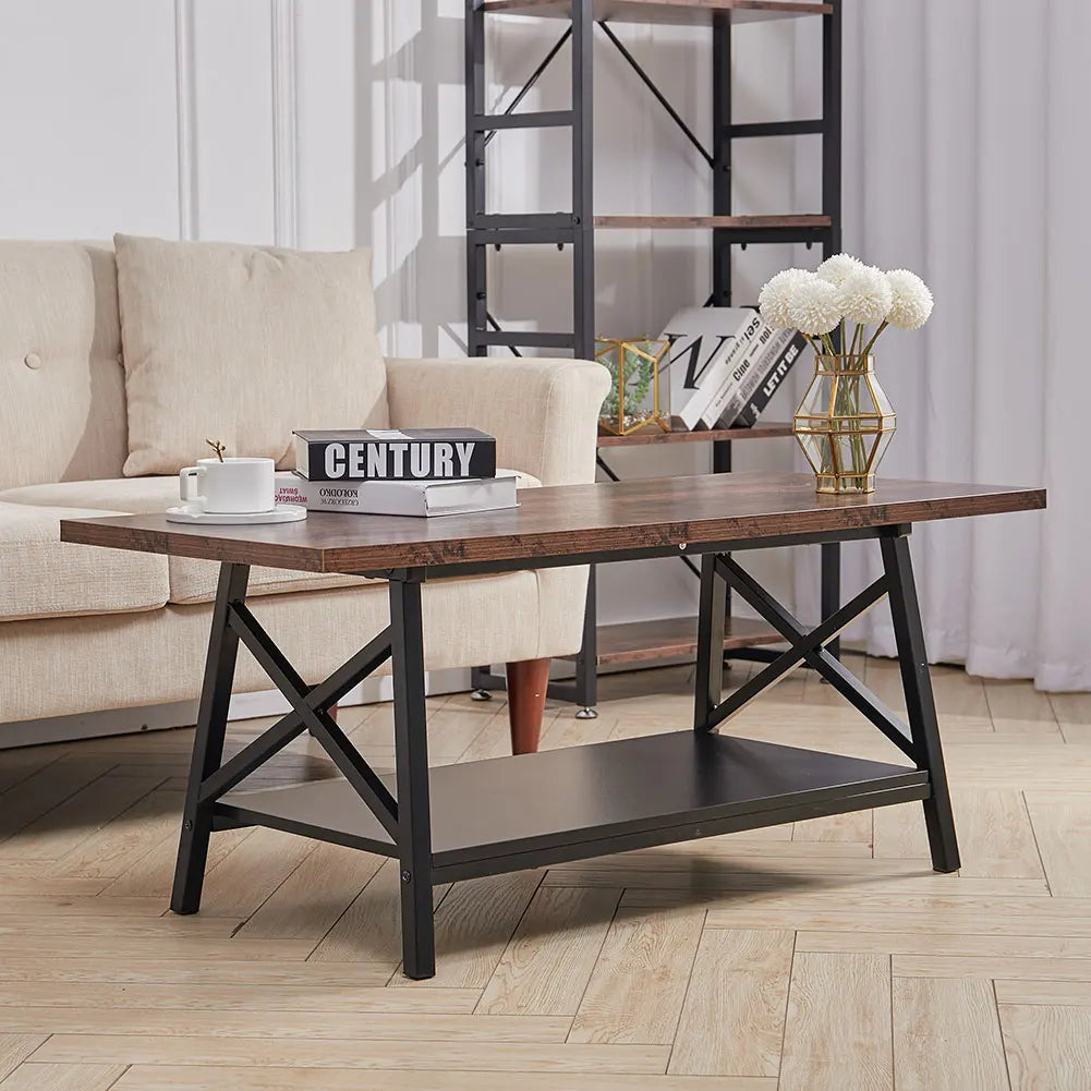 【Breeins】2 Tier Industrial Style Coffee Table with Storage Shelf Rustic Wood with Metal Legs