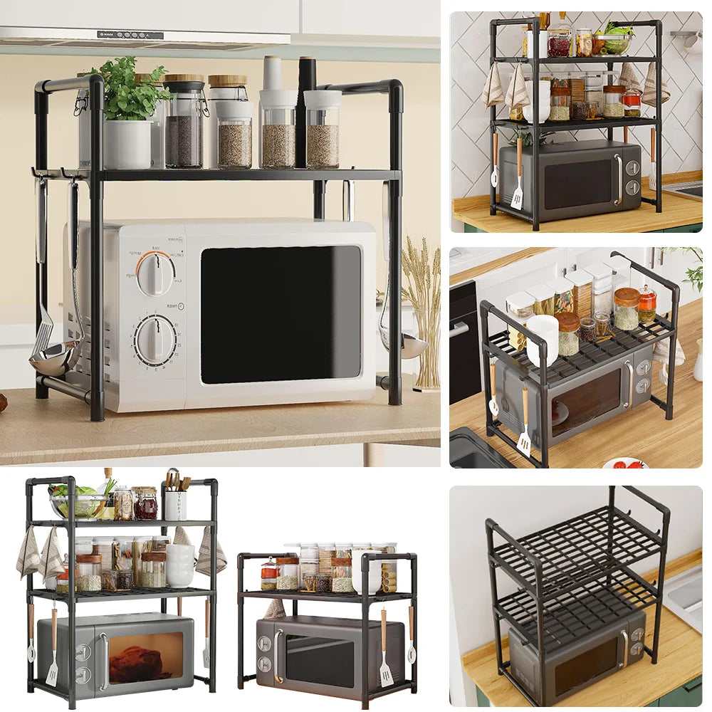 Sturdy Multi-Tier Kitchen Storage Rack with Handles, Durable Organizer with Side Hooks, Metal Frame Rack, Modern Kitchen Rack