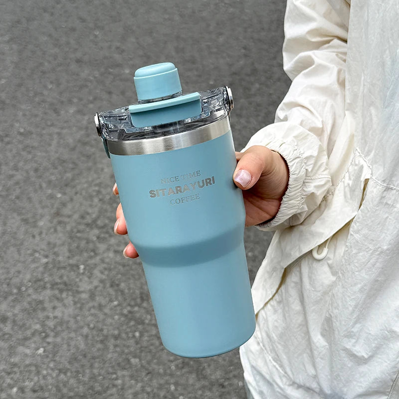 1pc Magnetic Suction Lid Double-layer Vacuum Insulated Water Bottle 600ml/900ml Wide Handle Portable  Outdoorulation Drinkware
