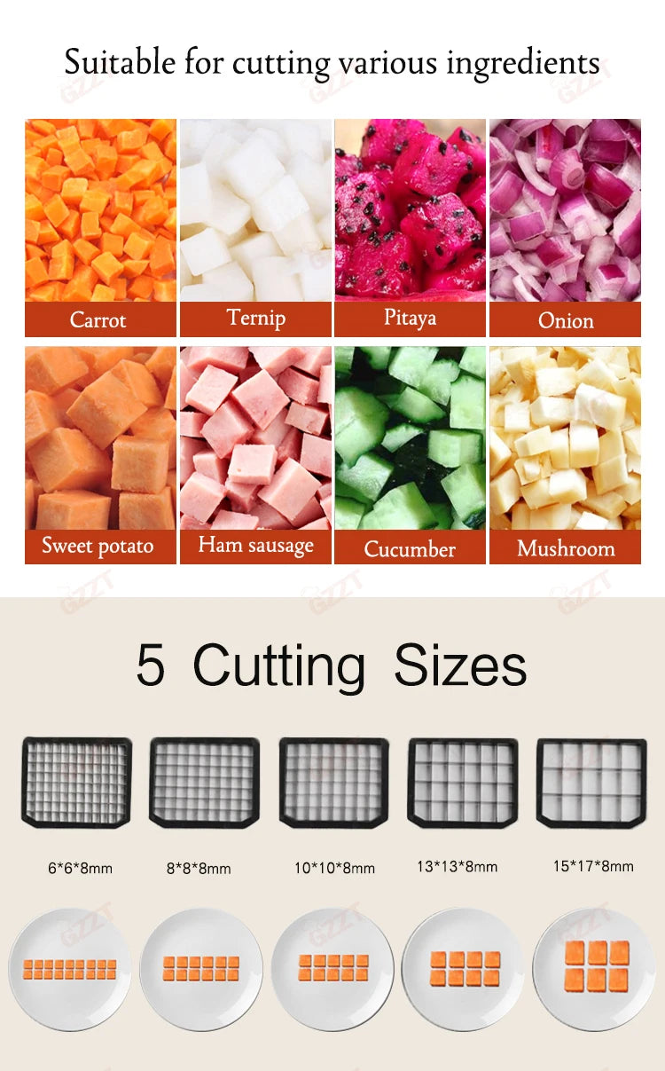 GZZT EVEC Electric Vegetable Cutter Commercial Cube Cutting Maker Fruit Slicer Cutting Strip Dice Food Processor With 5 Blades