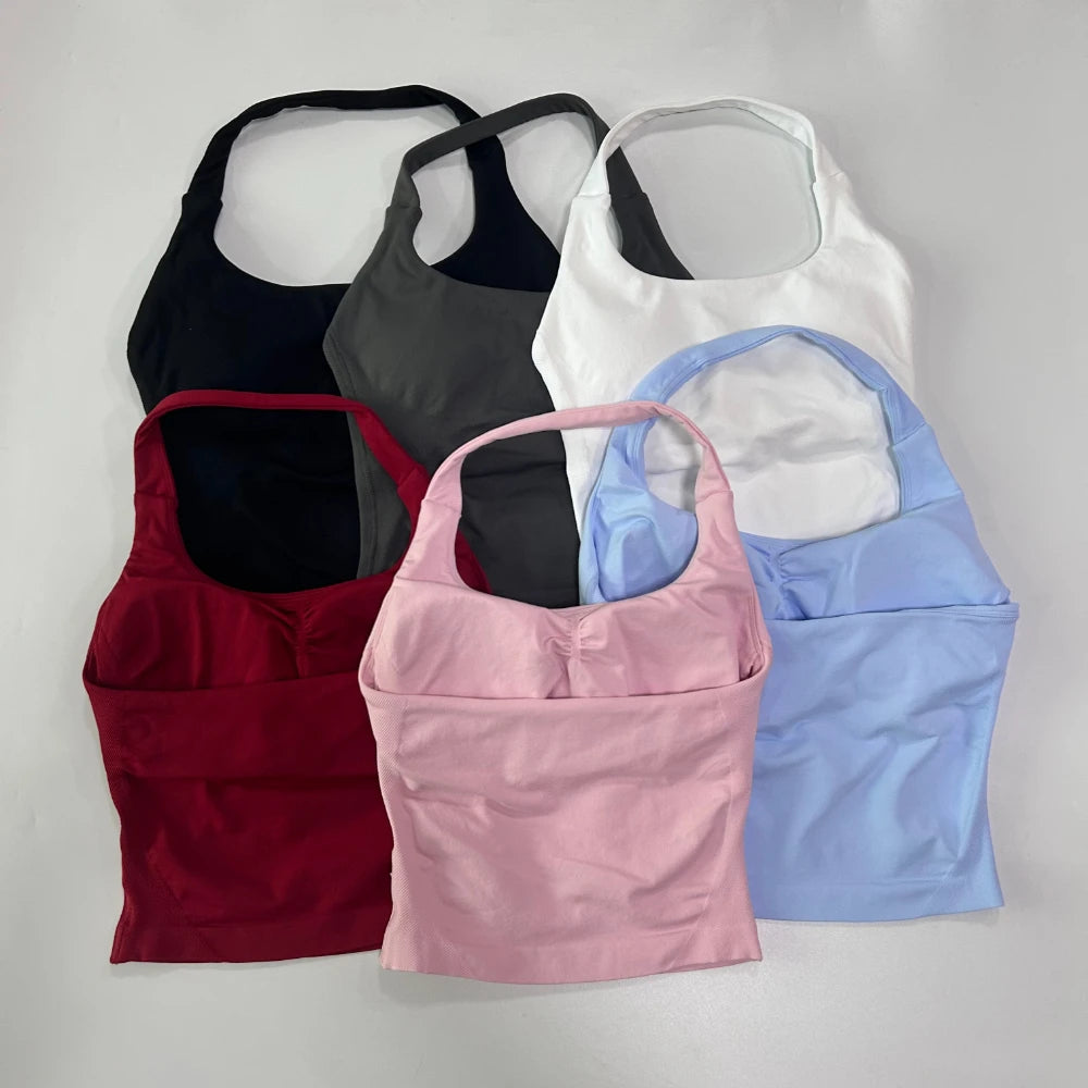 No Logo 2 Pieces Gym Set Women Backless Halter Tops High Waist Seamless Shorts Gym Suit Fitness Clothes Sportswear Workout Sets