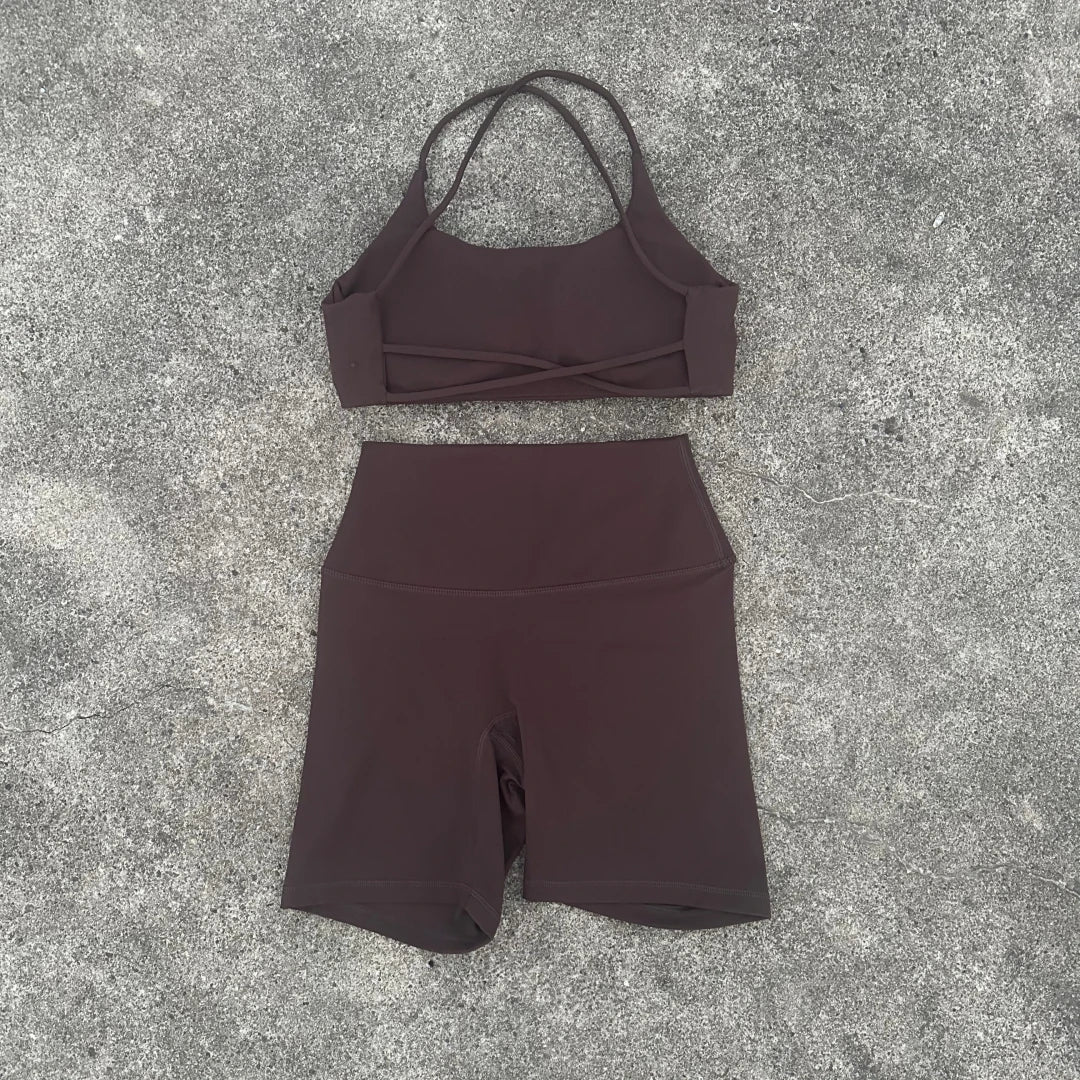 Solid Color Soft Gym Yoga Set Short Legging +Cross Back Sport Bra Tracksuit Women Gym Suit Comprehensive Training Jog Athletic