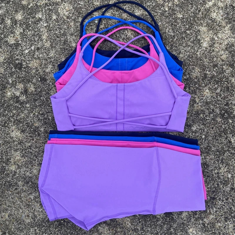 Solid Color Soft Gym Yoga Set Short Legging +Cross Back Sport Bra Tracksuit Women Gym Suit Comprehensive Training Jog Athletic