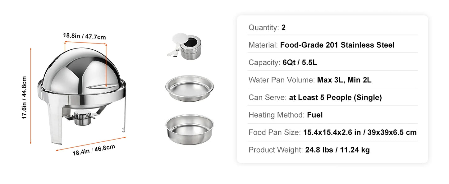 SucceBuy Roll Top Chafing Dish Buffet Set 6 Qt 2 Pack Stainless Steel Chafer with 2 Full Size Pans Round Catering Warmer Server