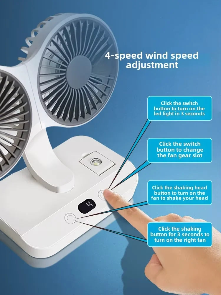 Double Head Desktop Fan: 4-Speed Fast Cooling, 8000mAh Battery Digital Display Adjustable Directions Shaking Function for Househ