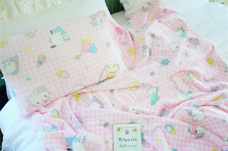 Cute Pink Cat Blanket Warm Flannel Blanket Pillowcase Japanese Style Pattern Printing Blanket Bedspread Bedroom Girl