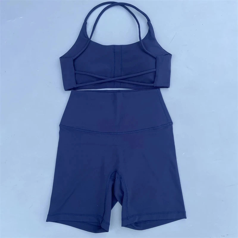 Solid Color Soft Gym Yoga Set Short Legging +Cross Back Sport Bra Tracksuit Women Gym Suit Comprehensive Training Jog Athletic