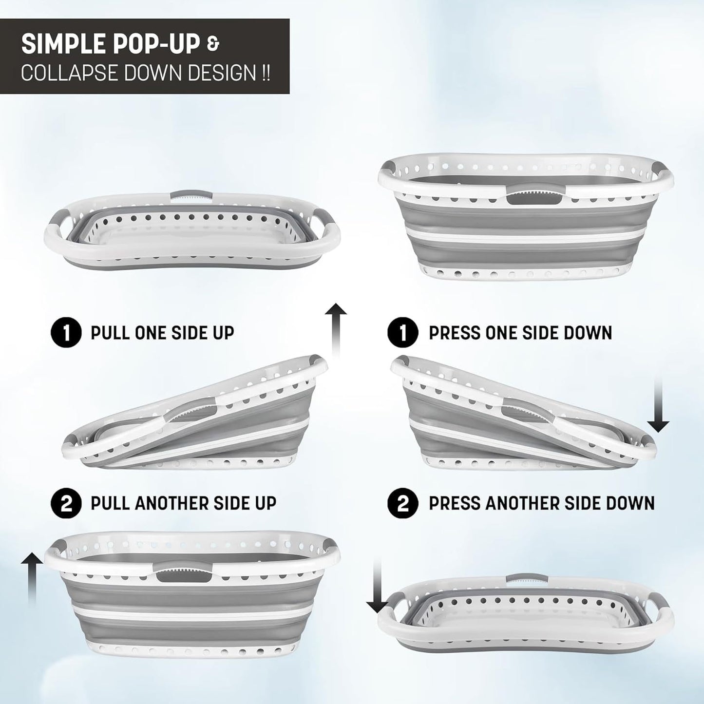 Pop Up Laundry Basket with 3 Carrier Handles Foldable Collapsible Portable Large Clothes Storage Plastic Hamper Folding Space Saving Curved Side Rectangle Shape Bucket Grey & White (with Holes at the Bottom)