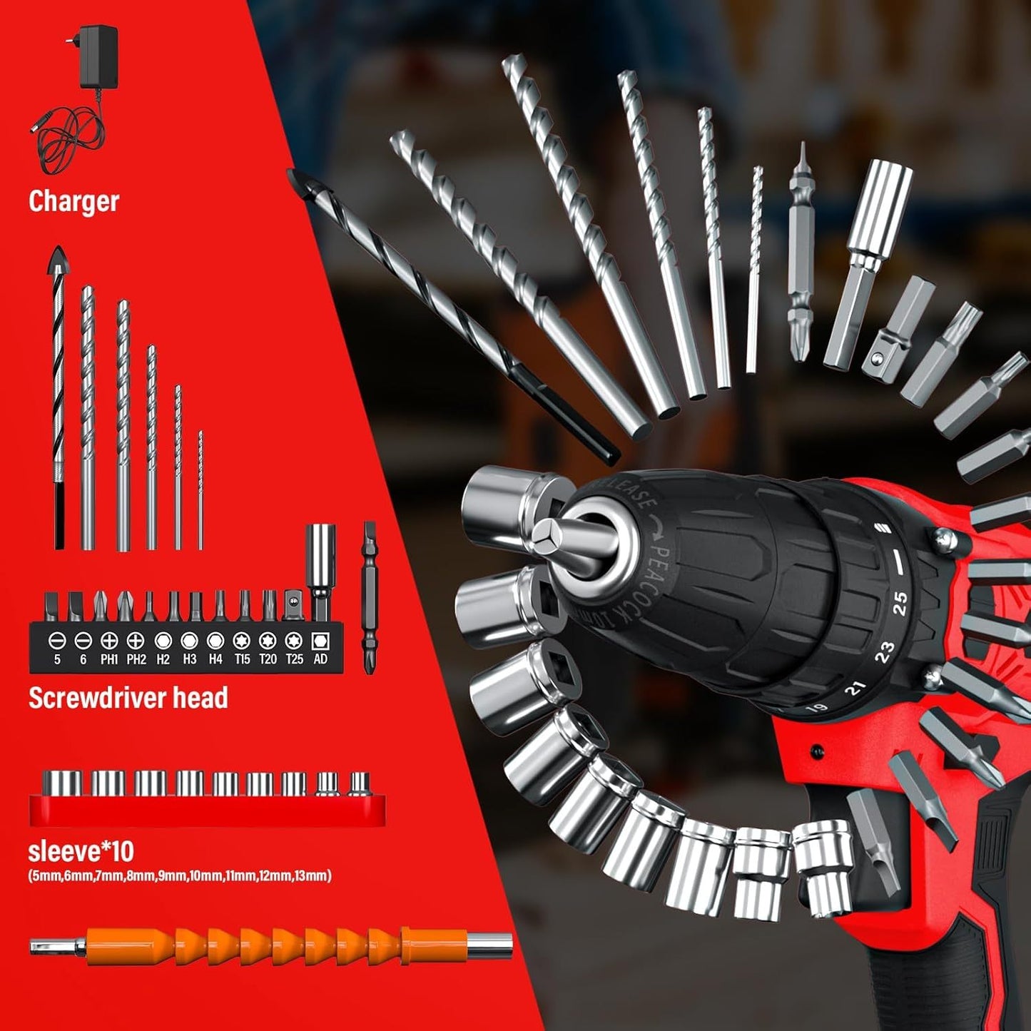 Cordless Drill Driver 21V, Electric Drill Kit with LI-ion Battery, Cordless Combi Screwdriver 25+1 Torque, 45N.m Max, 32pcs Accessory, 2 Variable Speed, LED Light for Home and Garden DIY Project 3/8" Keyless Chuck