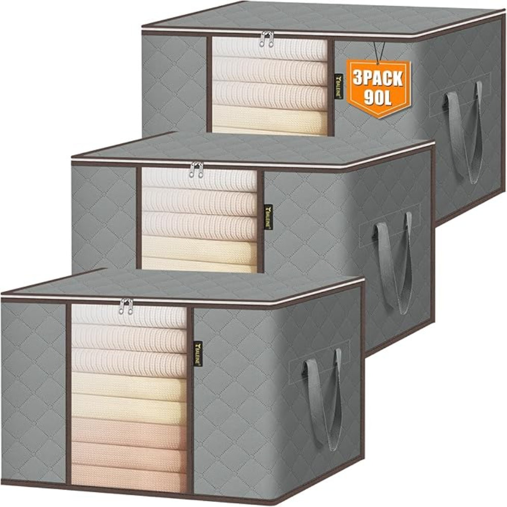 90L Large Capacity Folding Clothes Storage Trunks, 24 Gallon Storage Containers Bags with Reinforced Handle, Clear Window, Sturdy Zipper, Closet Organizer for Blanket, Comforter, Pillow, Bedding Organizer Bin Under-Bed Storag
