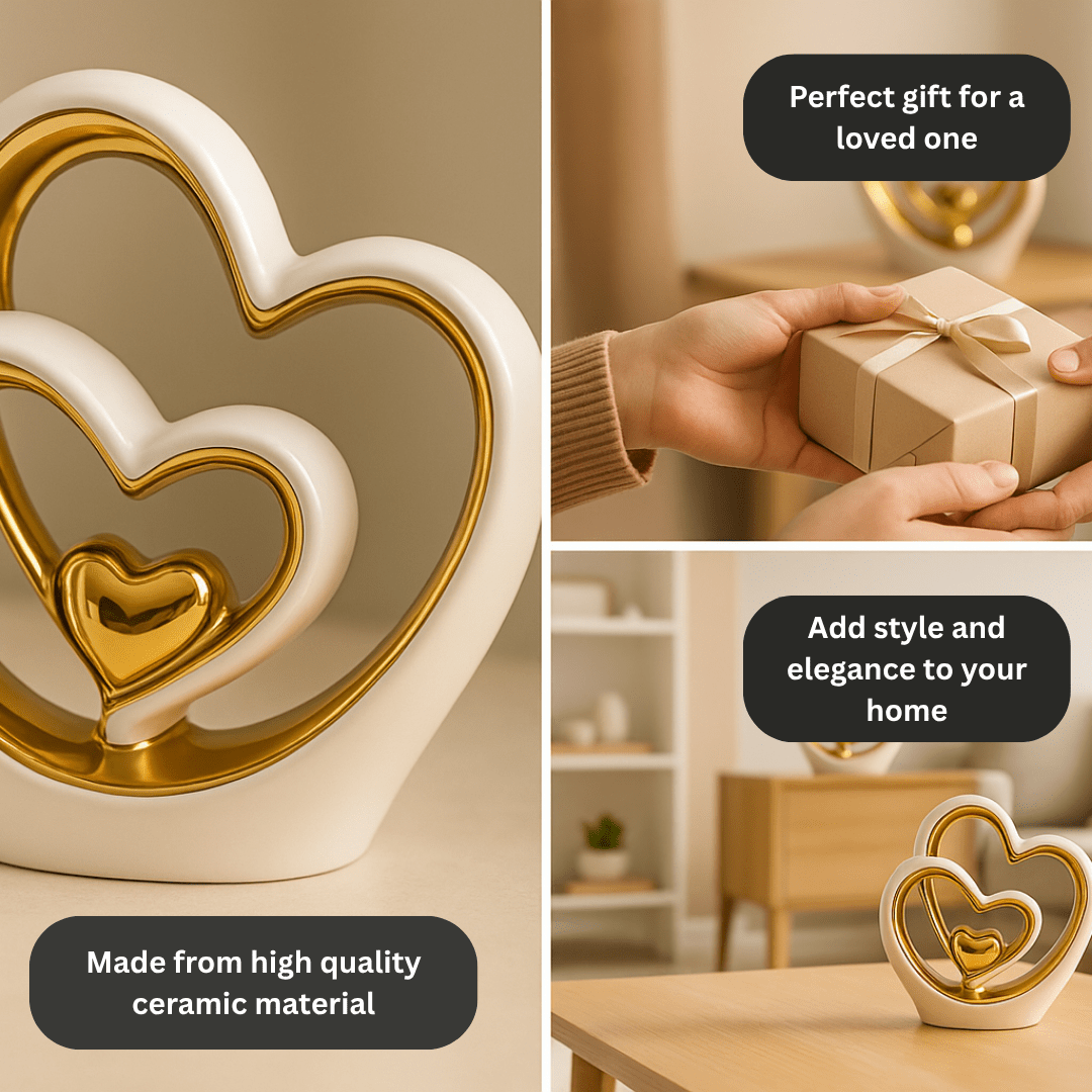 25.5cm Gold Heart Ornament – Modern Ceramic Heart Sculpture for Home, Shelf & Table Décor | Elegant Gold Ornament Gift for Weddings, Anniversaries & Housewarmings
