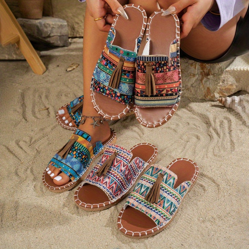 Ladies' Bohemian Tassel Sandals - Colorful Striped Open-Toe Flip-Flops with Mesh Lining, Perfect for Beach Vacations And Casual Trips, Women'S Beach Shoes (Random Patterns), Women Shoes
