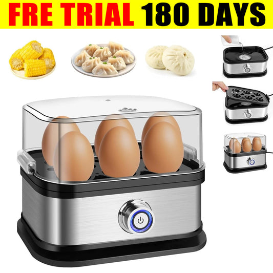 6-Egg Cooker Compact Electric Easy Egg Boiler Boiling Poaching Breakfast Maker 350W with Automatic Shut-Off Removable Tray with Water Cup&Cable Storage Slot Space Saving Egg Boiler