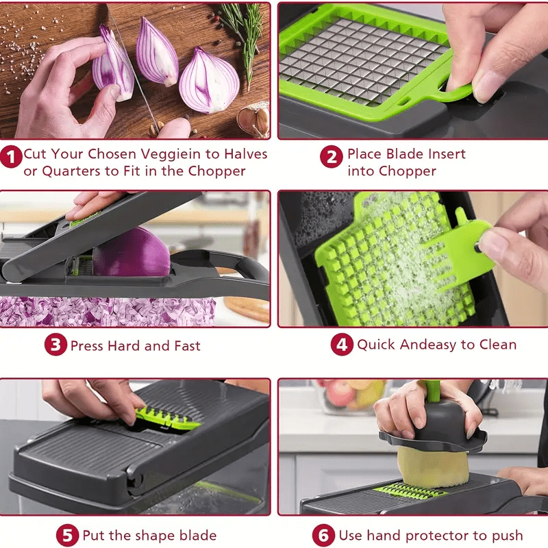 A Multifunctional 16-In-1 Food Chopper, Including a Vegetable Chopper, Onion Chopper, Vegetable Slicer, Dicer, And More, Equipped with 8 Blades, a Strainer Basket, And Containers for Salad, Potatoes, Carrots, And Garlic, Alon