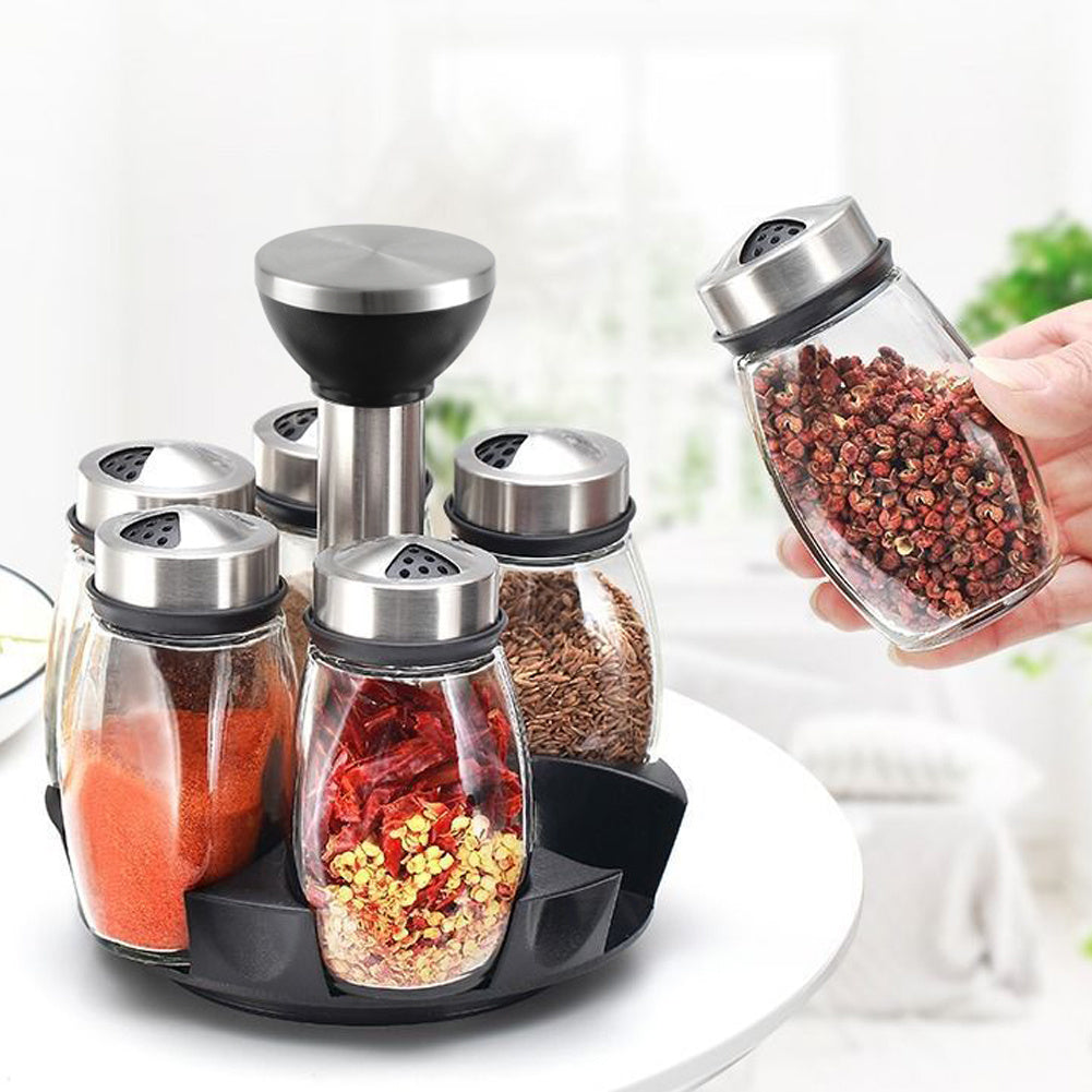 6-Jar Revolving Spice Rack Organizer Holder, Kitchen Countertop Seasoning Stand, Rotating Spice Rack with Stainless Steel Lid, Rotating Seasoning Organizer, Black