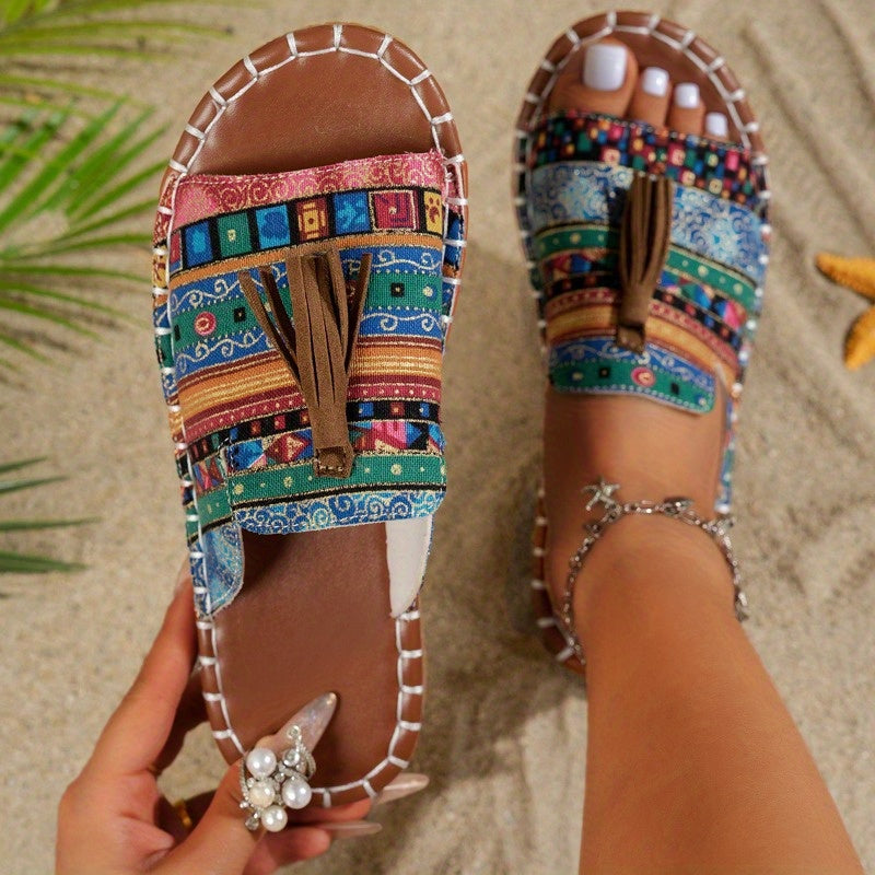 Ladies' Bohemian Tassel Sandals - Colorful Striped Open-Toe Flip-Flops with Mesh Lining, Perfect for Beach Vacations And Casual Trips, Women'S Beach Shoes (Random Patterns), Women Shoes