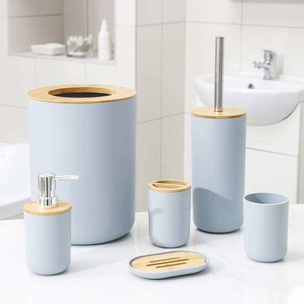 6pcs Bamboo Bathroom Accessories set, Luxury Bathroom Accessory Set Bathroom Bin And Toilet Brush Set Toothbrush Holder Tumbler Soap Dish Trash Can Soap Dispenser Bath Set Gift