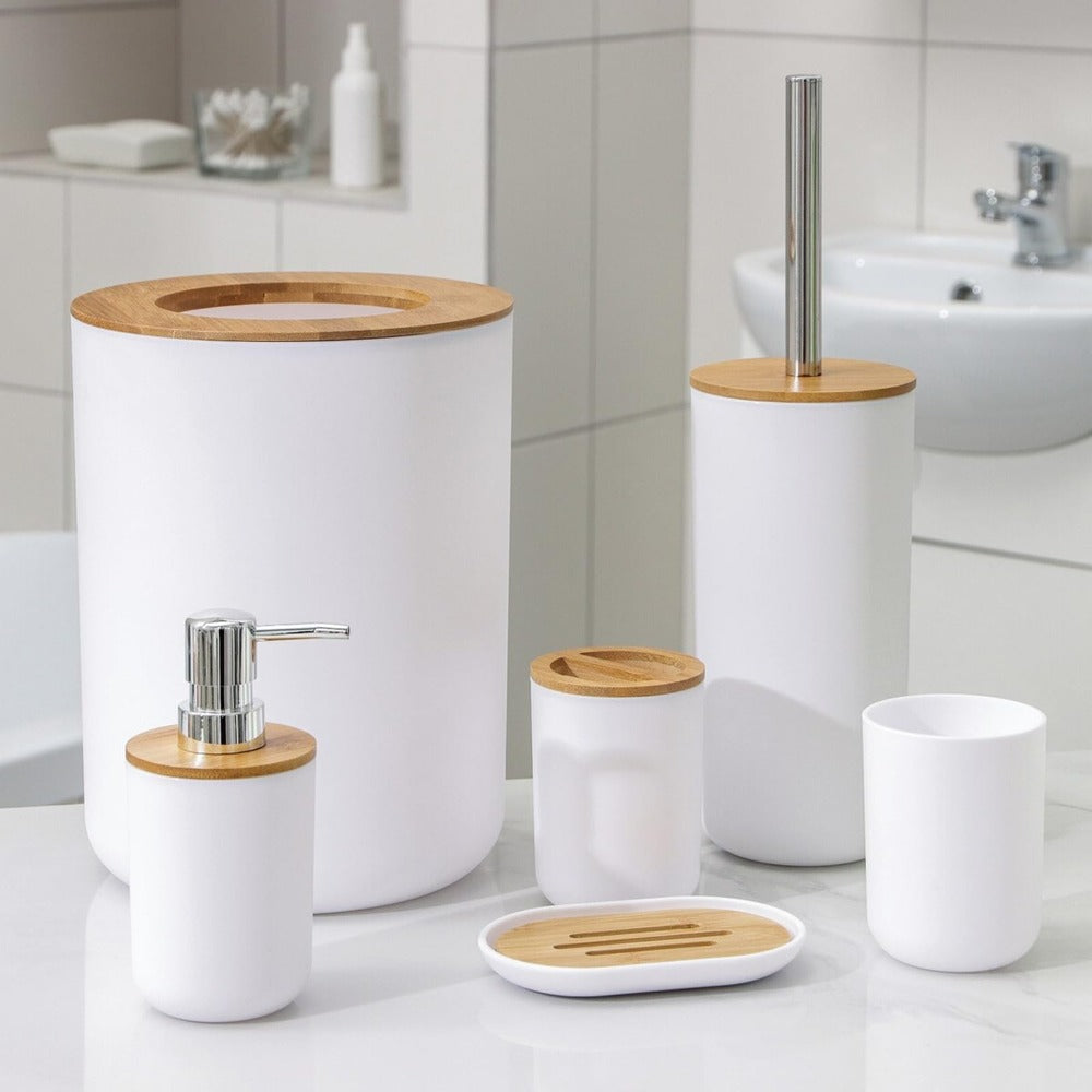 6pcs Bamboo Bathroom Accessories set, Luxury Bathroom Accessory Set Bathroom Bin And Toilet Brush Set Toothbrush Holder Tumbler Soap Dish Trash Can Soap Dispenser Bath Set Gift