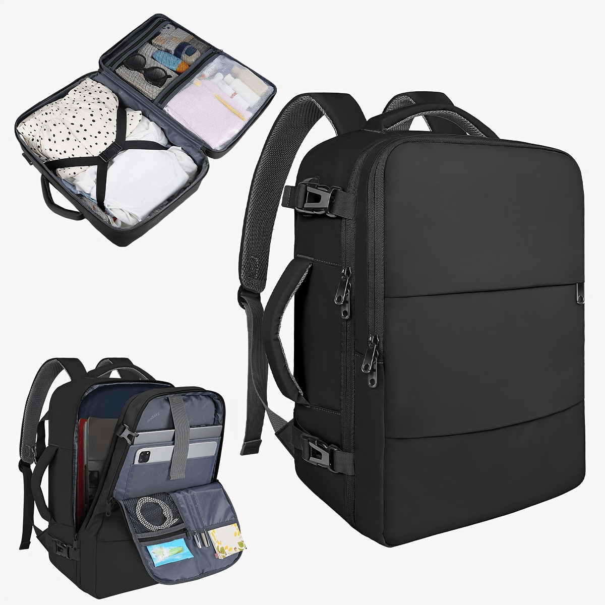 Large 45x36x20 Black Laptop Backpack for Women, Cabin Bag for EasyJet Underseat Use, Carry On Rucksack with Shoe Pouch, Organiser Pockets for Office, School, Travel and Daily Commute
