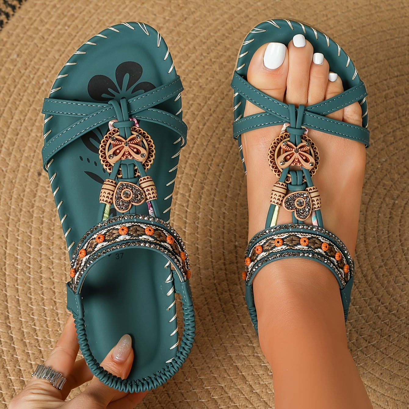 Spring/Summer New Bohemian Style Women's Fashion Outdoor Elegant Comfortable Hand-Woven Beach Elastic Strap Sandals, Women Shoes