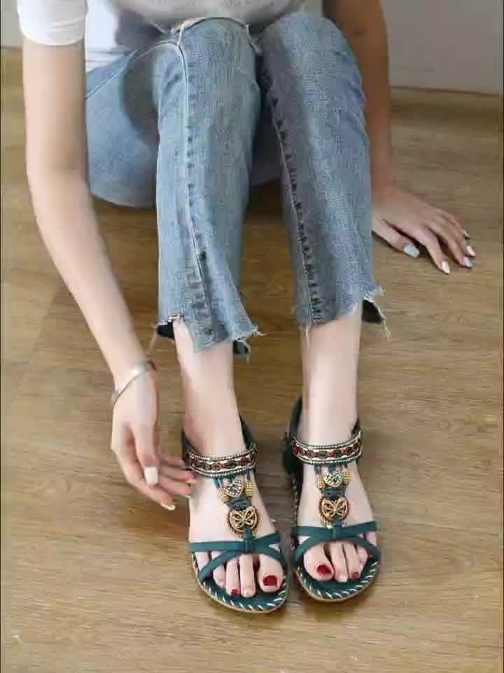 Spring/Summer New Bohemian Style Women's Fashion Outdoor Elegant Comfortable Hand-Woven Beach Elastic Strap Sandals, Women Shoes