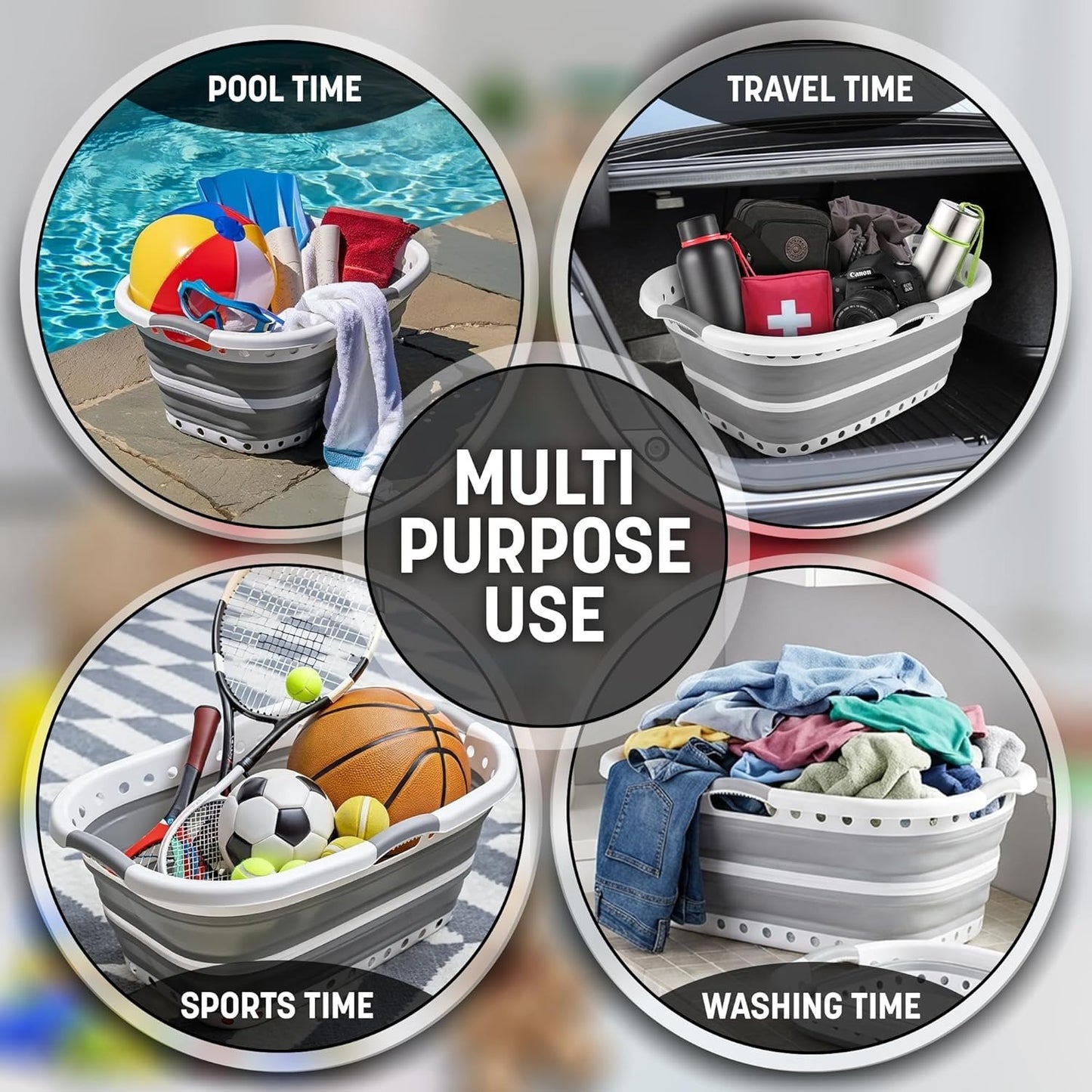 Pop Up Laundry Basket with 3 Carrier Handles Foldable Collapsible Portable Large Clothes Storage Plastic Hamper Folding Space Saving Curved Side Rectangle Shape Bucket Grey & White (with Holes at the Bottom)