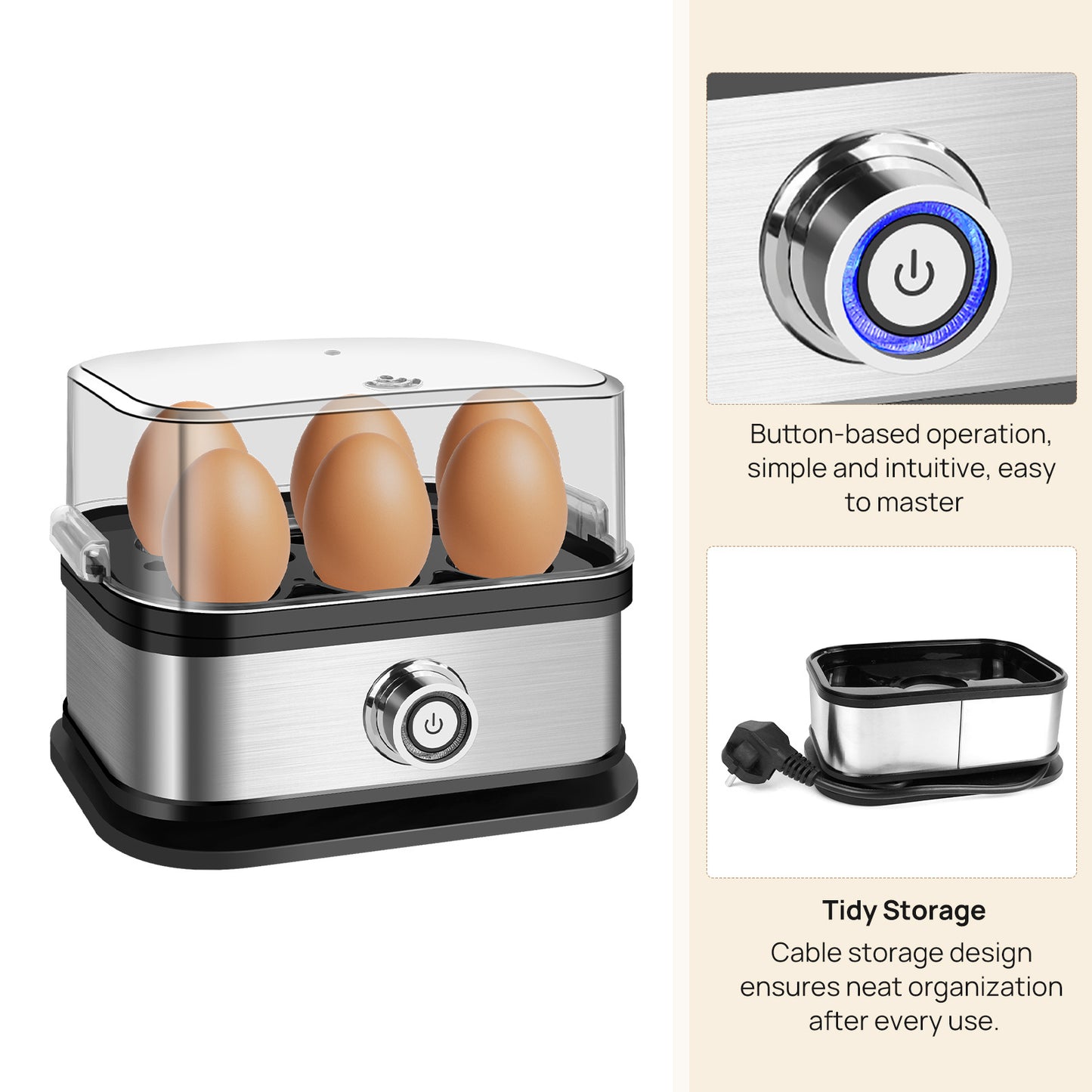 6-Egg Cooker Compact Electric Easy Egg Boiler Boiling Poaching Breakfast Maker 350W with Automatic Shut-Off Removable Tray with Water Cup&Cable Storage Slot Space Saving Egg Boiler