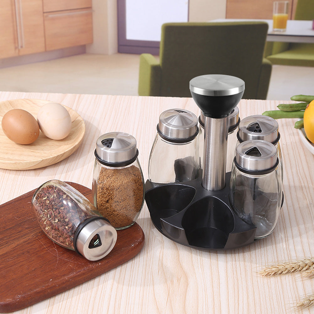 6-Jar Revolving Spice Rack Organizer Holder, Kitchen Countertop Seasoning Stand, Rotating Spice Rack with Stainless Steel Lid, Rotating Seasoning Organizer, Black