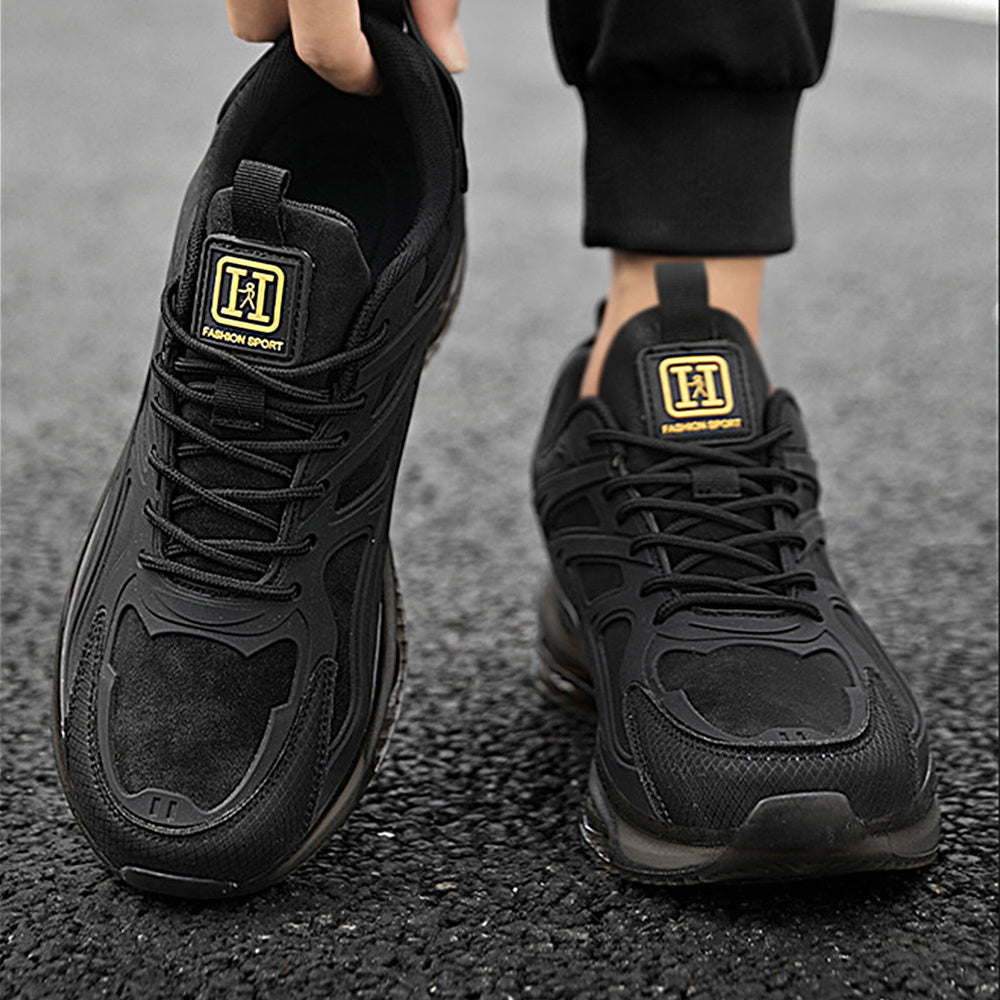 Men'S Fashion Low-Top Sneakers - Black with Yellow Accents, Breathable Fabric Upper, Cushioned Rubber Sole, Lace-Up Casual Shoes, Suitable for Outdoor and Everyday Wear, Comfortable in All Seasons, Hiking Shoes, Modern Athlet