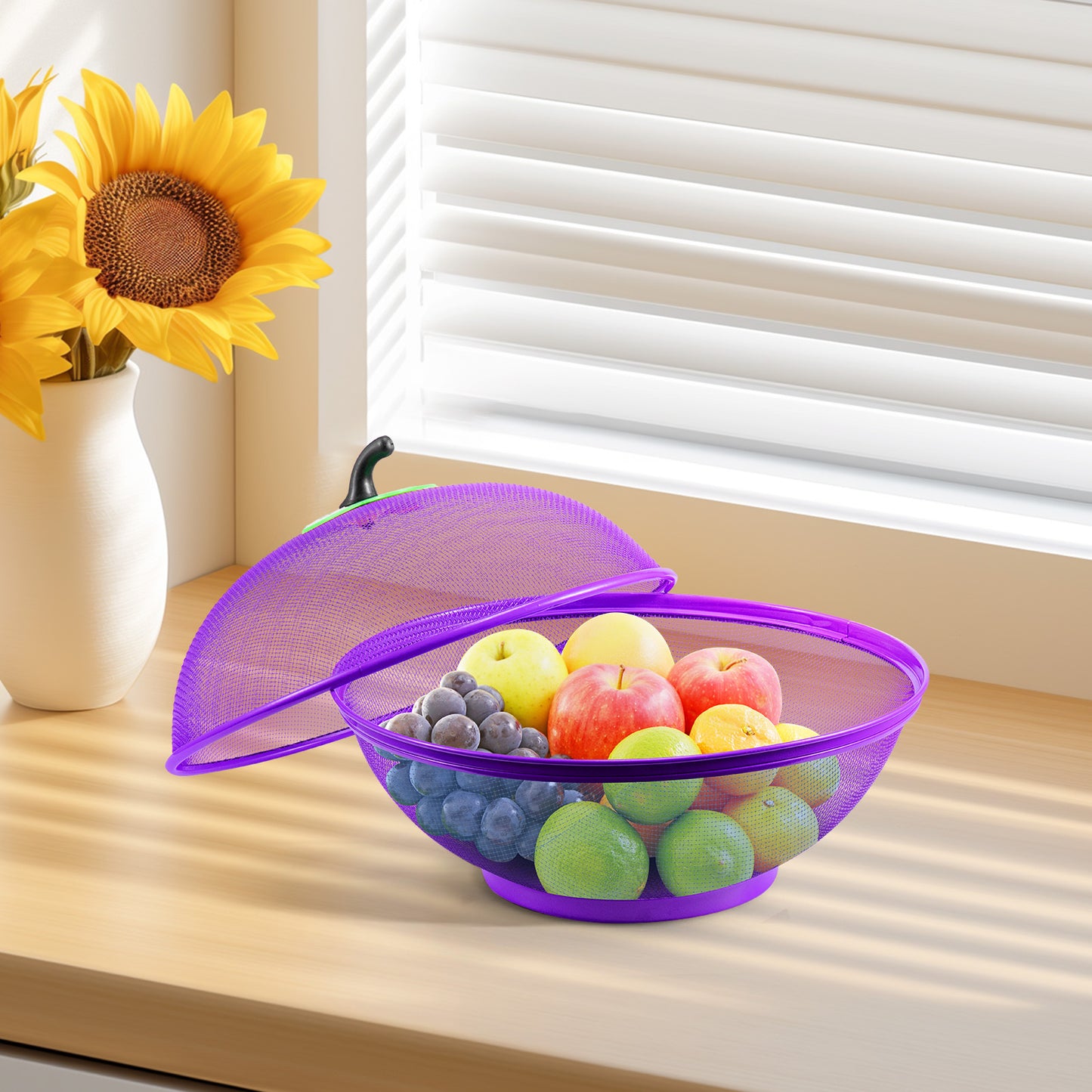 Fruits Bowl Basket Apple Shape Mesh with lid Tabletop Vegetable Holder Keep Unwanted Pets & Insects Out Kitchen Dishwashing Drain Basket
