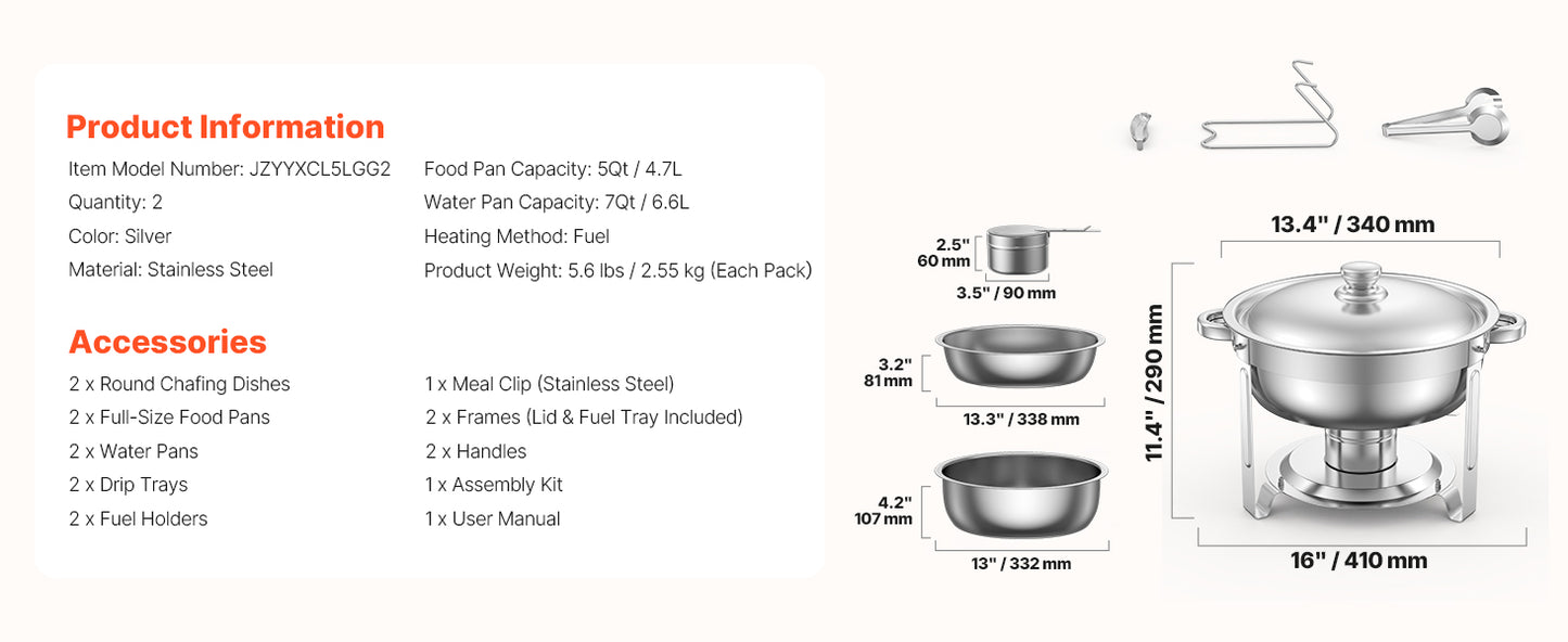 SucceBuy 2Pack 5QT Chafing Dish Buffet Set Stainless Steel Chafer w/ 2 Full Size Pans Round Catering Warmer Server Lid Water Pan