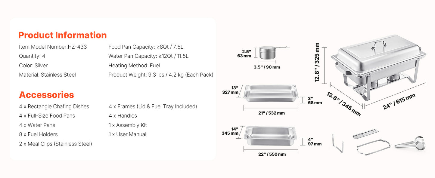 SucceBuy 8 Qt 4/6 Pack Chafing Dish Buffet Set Stainless Steel Chafer Rectangle Catering Warmer Server w/Lid Water Pan for party