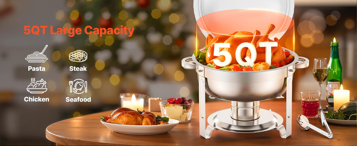 SucceBuy 2Pack 5QT Chafing Dish Buffet Set Stainless Steel Chafer w/ 2 Full Size Pans Round Catering Warmer Server Lid Water Pan